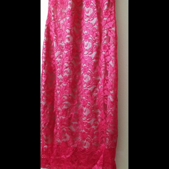 NEW LISTING! Red Nude Illusion Lace Mock Neck Dress - Picture 11 of 17